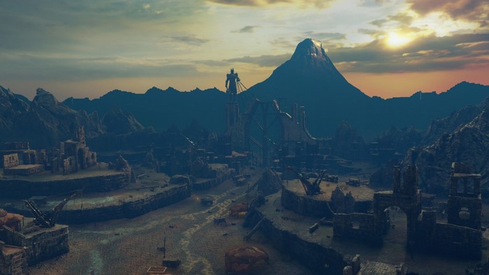 Ruined city with a giant statue and mountain at sunset