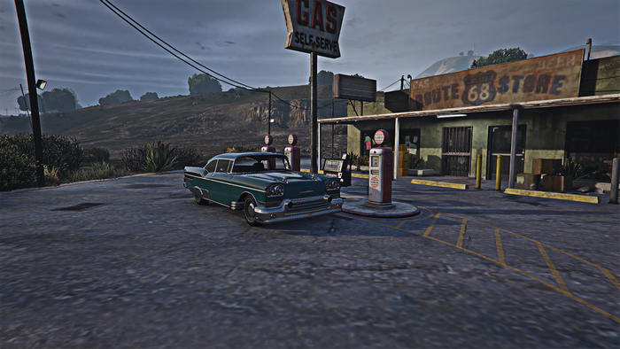 Classic car at a Route 68 gas station