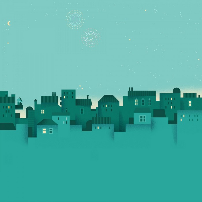 Stylized cityscape at night with fireworks and a crescent moon