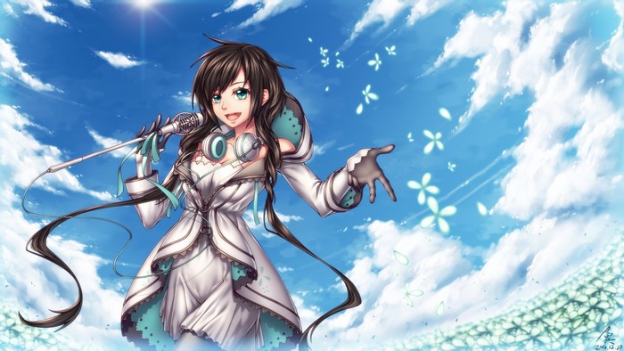 Anime girl singing with headphones and microphone in the sky