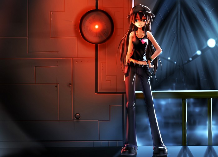 Anime girl with long hair and hat in dark room