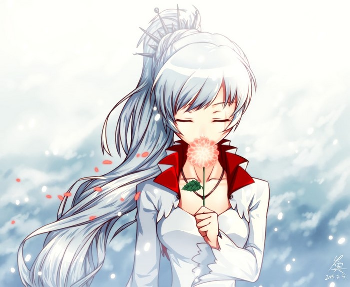 Weiss Schnee from RWBY holding a flower