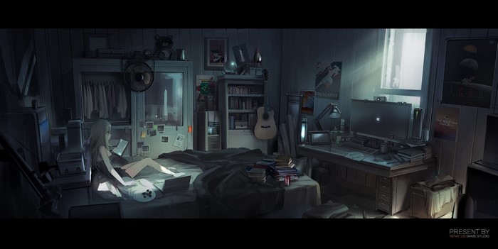 Anime girl in a dark room with a computer and guitar