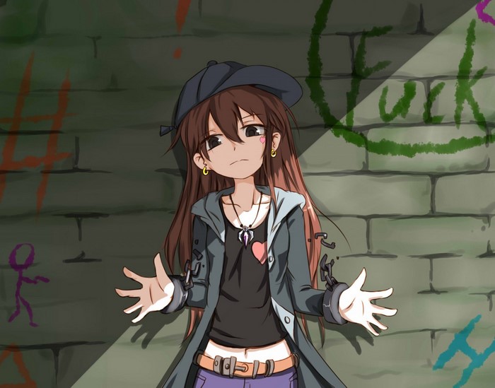 Anime girl with hat and chains in front of graffiti wall