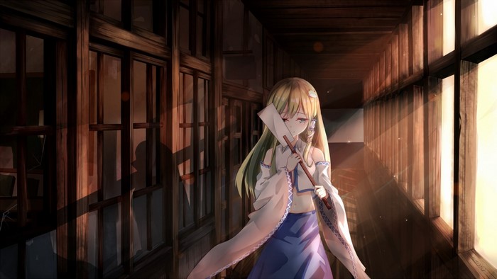 Kochiya Sanae from Touhou in a Japanese hallway