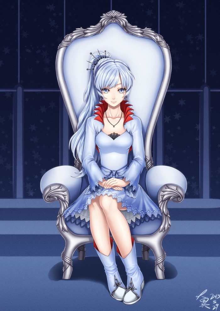 Weiss Schnee from RWBY sitting on a throne