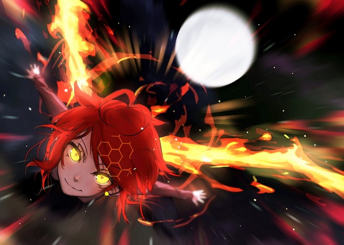 Anime girl with red hair and yellow eyes