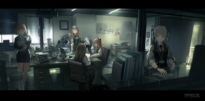 Anime girls working in an office