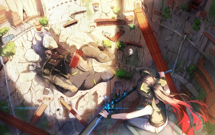 Anime girl with sword fighting a stone dragon statue