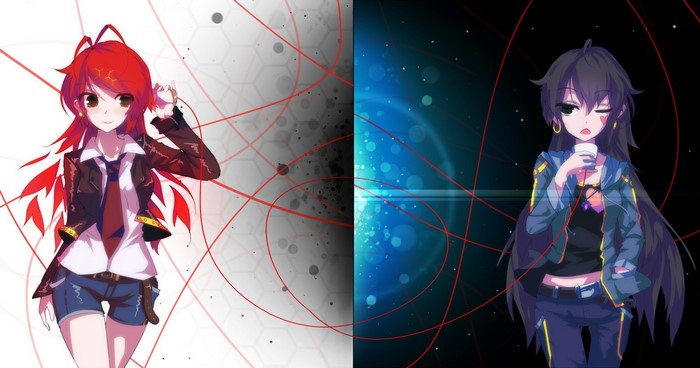 Two anime girls with red and black hair, digital art