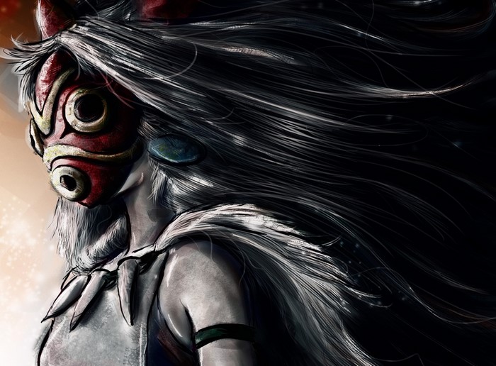 Princess Mononoke wearing a mask and fur