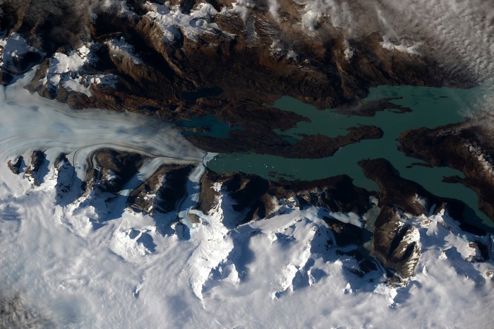 Glacier and turquoise lakes in Patagonia, satellite imagery