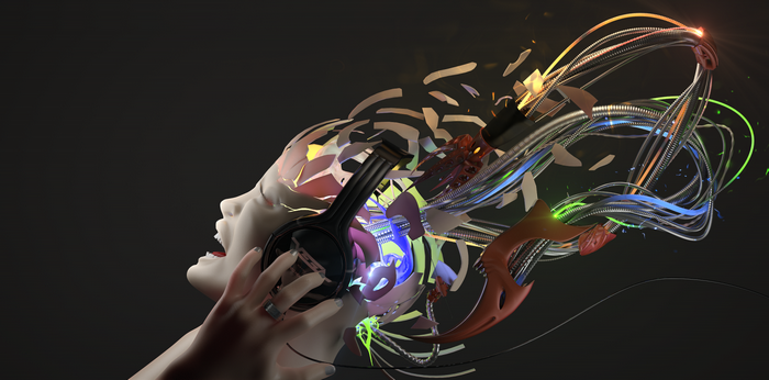 Cyberpunk woman with headphones and wires