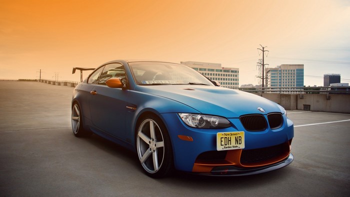Blue BMW M3 E92 with Orange Accents and Spoiler