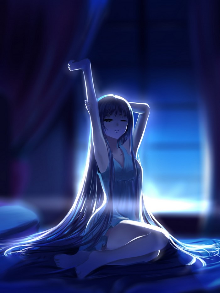 Anime girl with long hair stretching in bed at night
