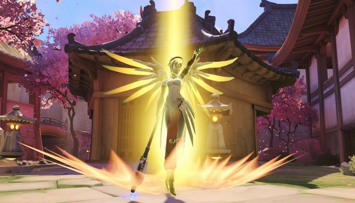 Mercy from Overwatch using her ultimate ability in Hanamura
