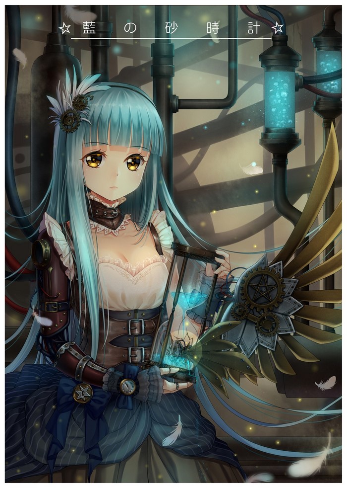 Anime girl with blue hair holding an hourglass