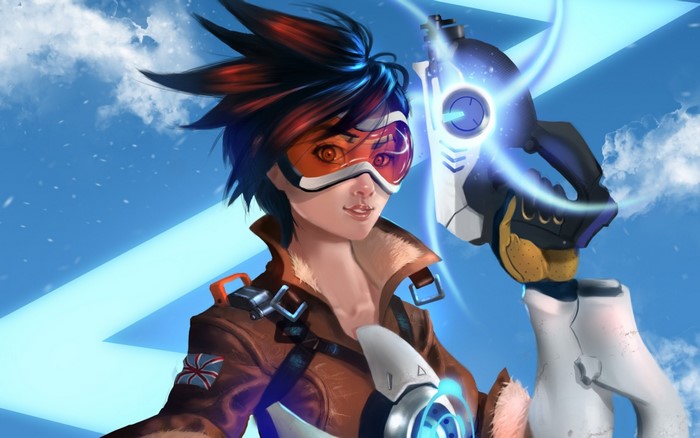Tracer from Overwatch holding her pulse pistols