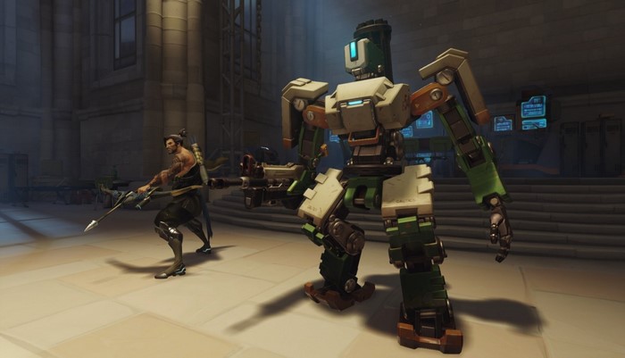 Bastion and Hanzo from Overwatch in a building