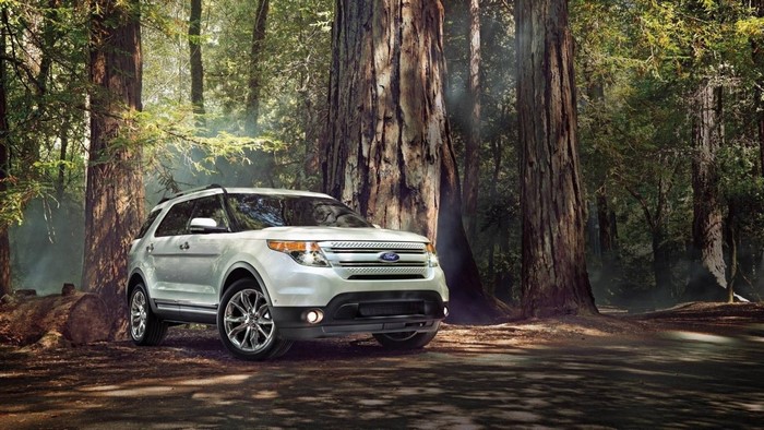 White Ford Explorer SUV in a Redwood Forest