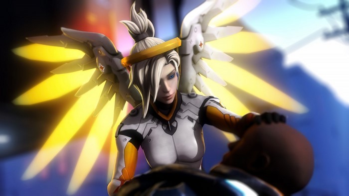 Mercy from Overwatch healing a person