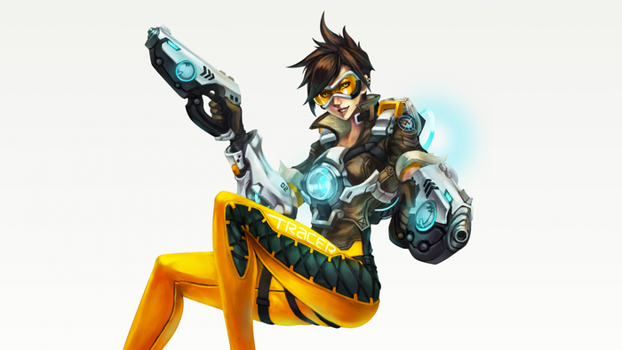 Tracer from Overwatch holding guns
