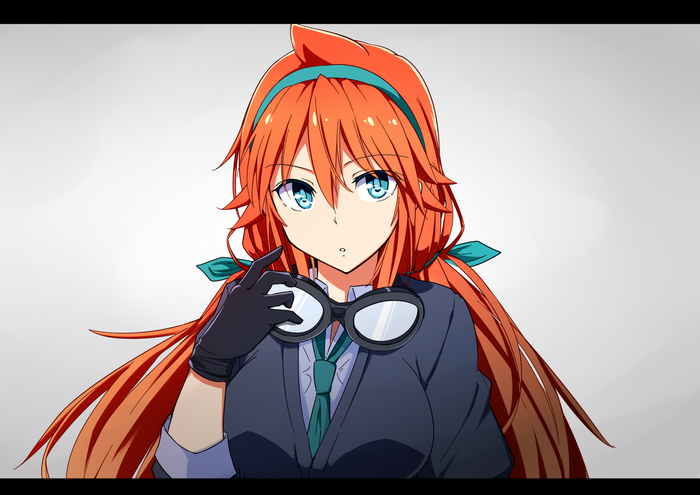 Anime girl with orange hair and blue eyes holding glasses