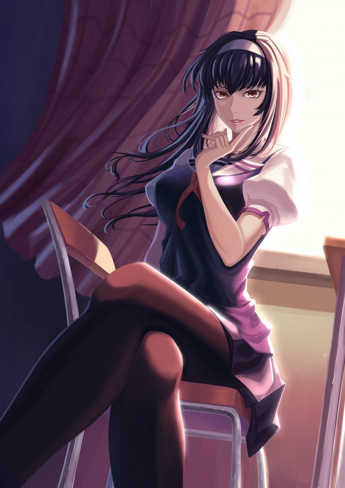 Anime girl with black hair and red eyes sitting