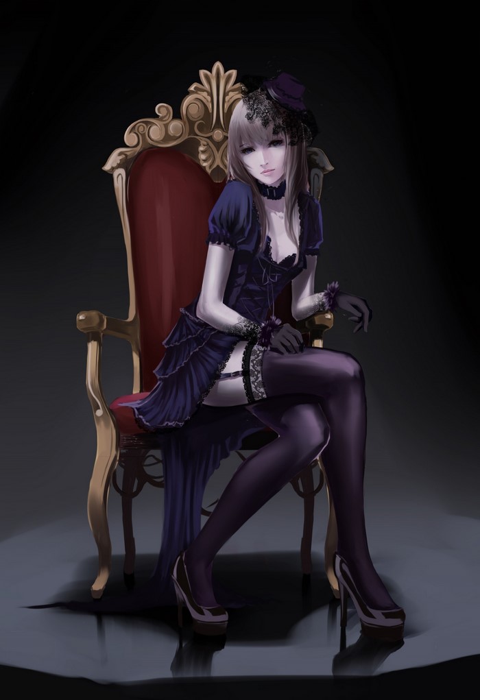 Anime girl in gothic dress sitting on a throne