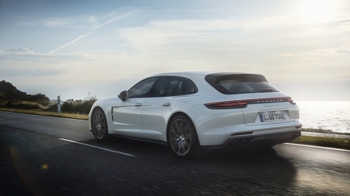 White 2018 Porsche Panamera Turbo S E-Hybrid Sport Turismo driving on road