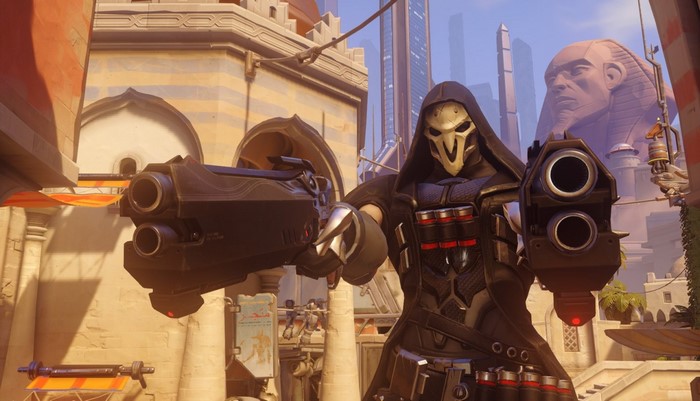 Reaper from Overwatch holding shotguns in Egypt