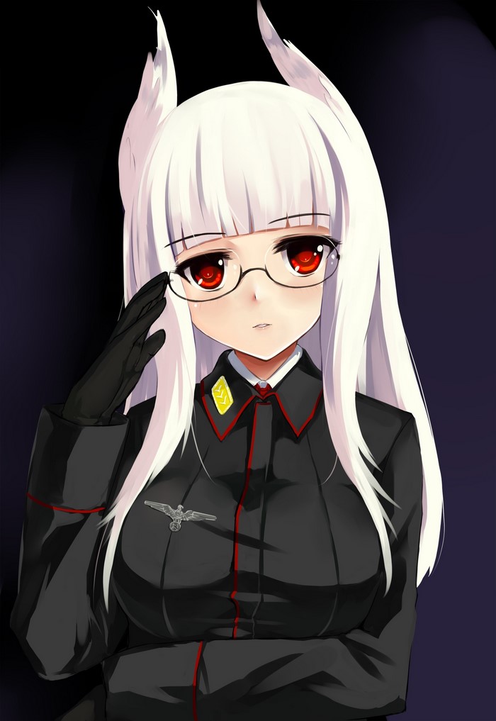 Anime girl with white hair, red eyes, and glasses in uniform