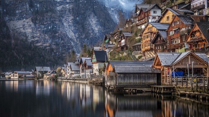 Hallstatt town on a lake with mountain backdrop