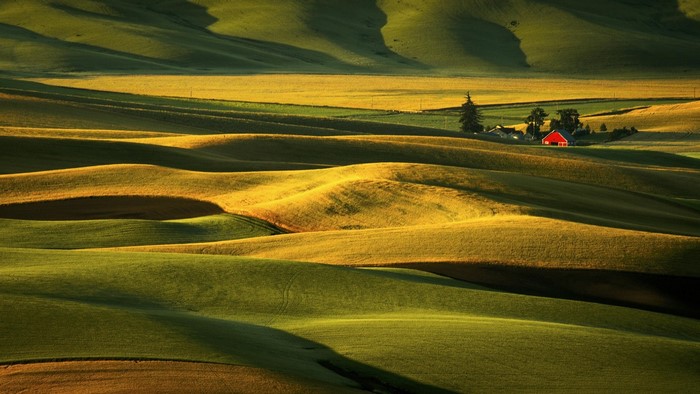 Rolling hills with a red barn at sunrise