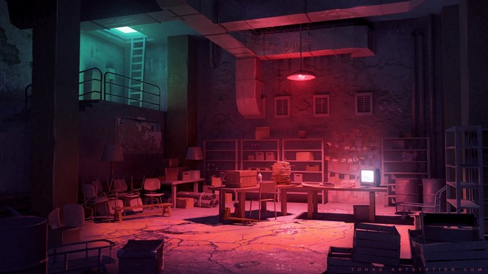 Abandoned basement with red and green lighting