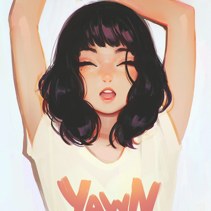 Illustration of a girl with black hair yawning