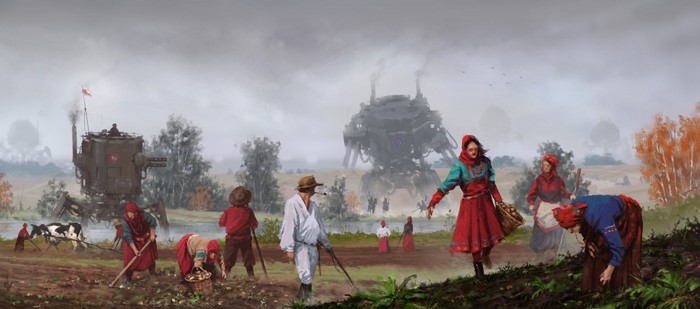 Steampunk farm with people and giant machines