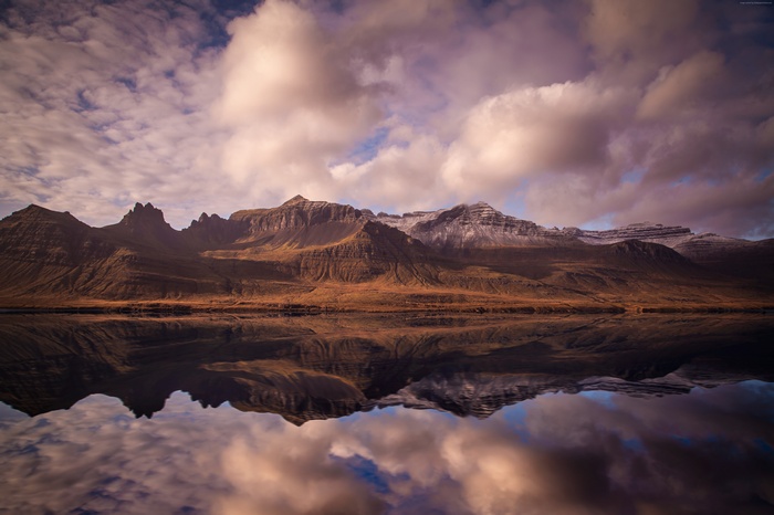 Mountains reflected in water with clouds, Iceland