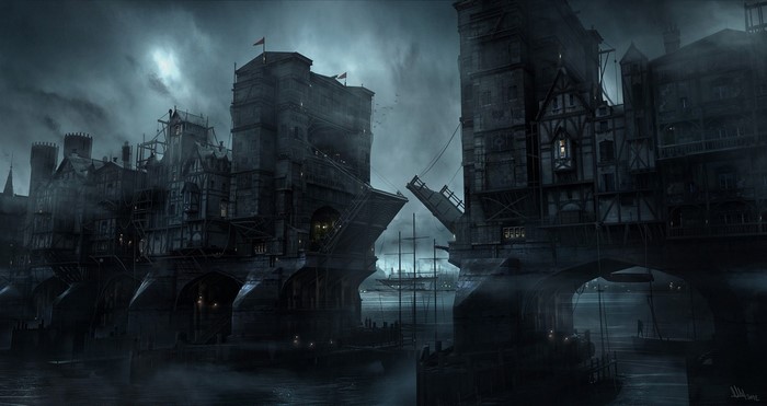 Dark fantasy city built on a river with a drawbridge