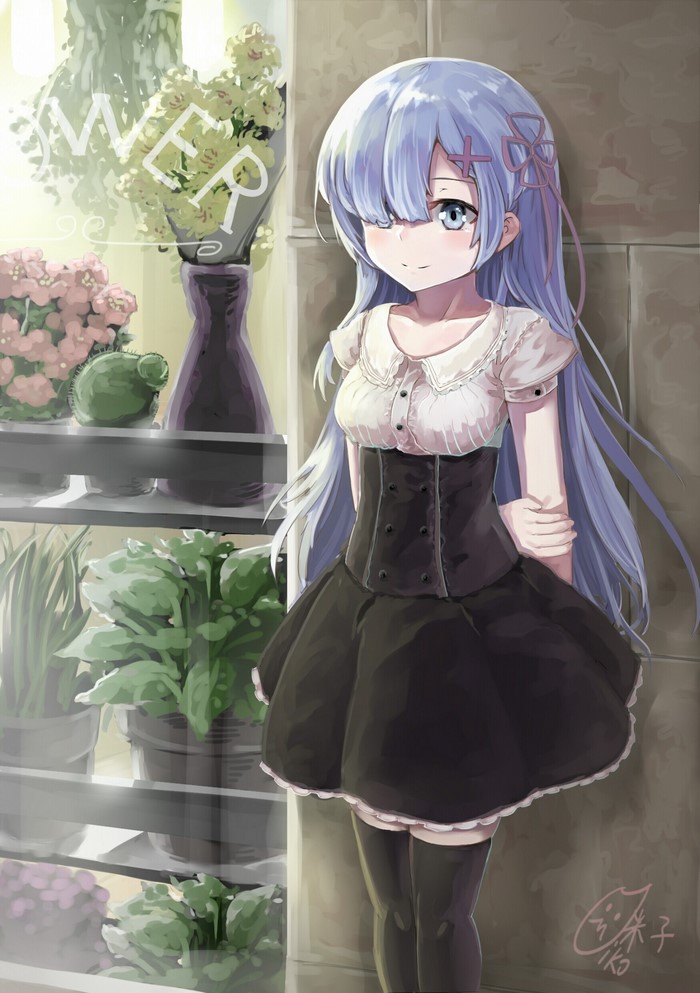Rem from Re:Zero in a flower shop