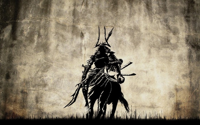Silhouette of a samurai warrior on horseback