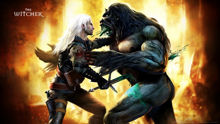 Geralt of Rivia fighting a monster in The Witcher
