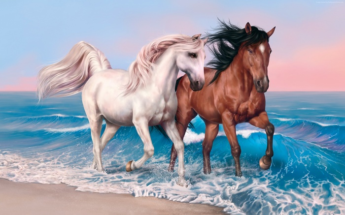 4k, wallpaper, ocean, sunset, horses, run, brown, white, sea