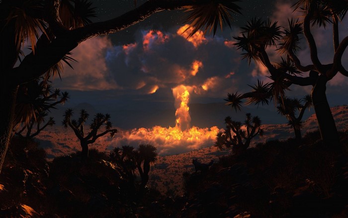 Nuclear explosion in a desert landscape at dusk