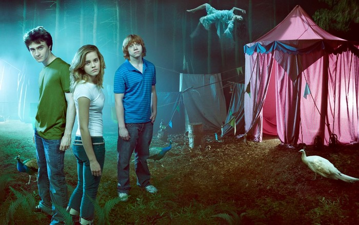 Harry Potter characters in a forest with a tent