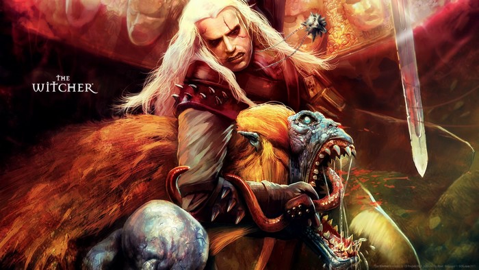 Geralt of Rivia from The Witcher fighting a monster