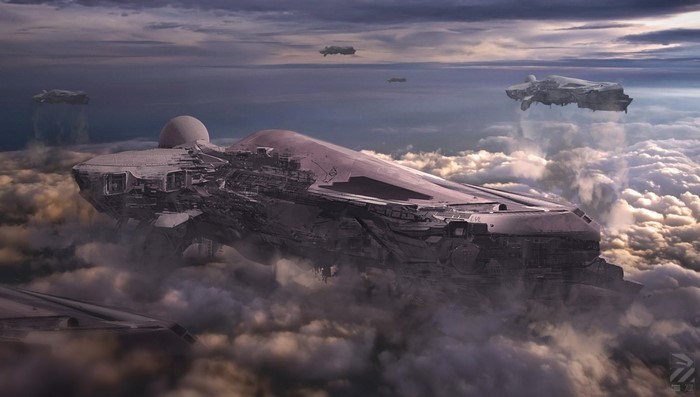 Futuristic spaceships flying through clouds at dawn