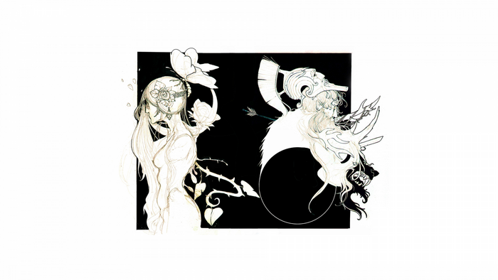 Illustration of a woman with a butterfly and a warrior with a skull helmet