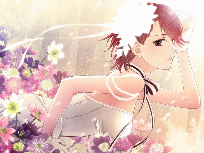 Anime girl in wedding dress with flowers
