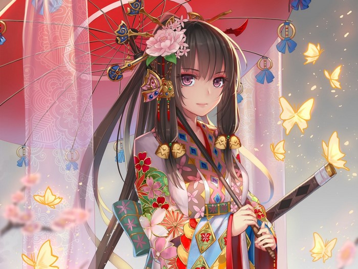 Anime Girl in Detailed Kimono with Umbrella and Sword